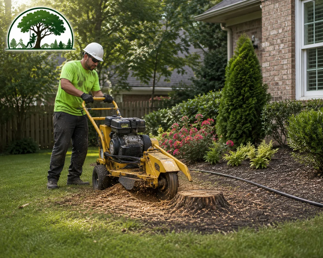 Stump grinding equipment removing a tree stump in a backyard in Cedar Mill, Dallas GA