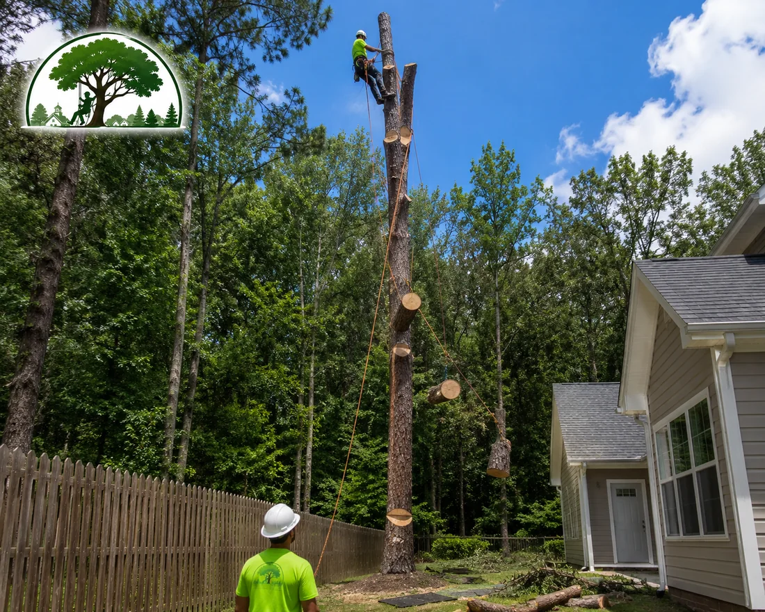 Large pine tree being removed by rope and rigging beside a home in Seven Hills, Dallas GA